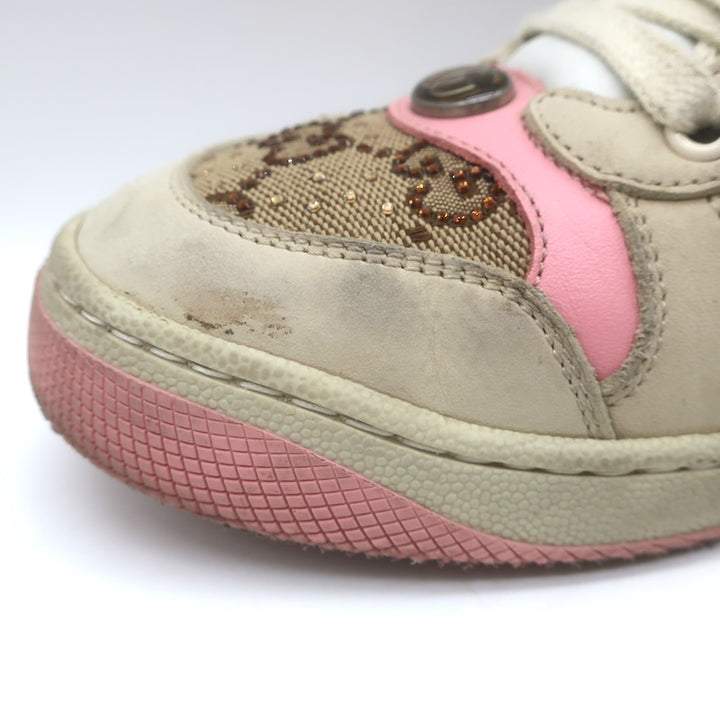 Gucci GG Crystal Screener Sneakers Ecru &amp; Pink Leather Size 37