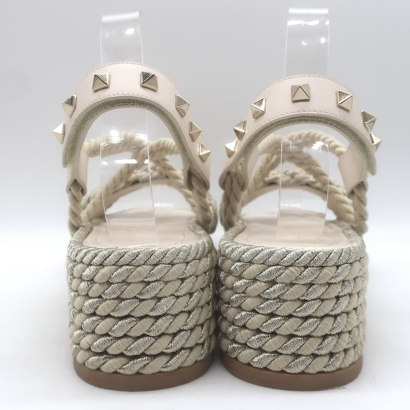 Valentino Rockstud Torchon Rope Platform Wedge Sandals Beige/Silver Size 37
