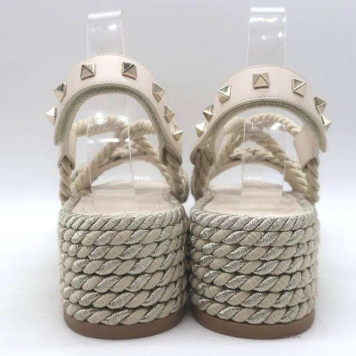 Valentino Rockstud Torchon Rope Platform Wedge Sandals Beige/Silver Size 37