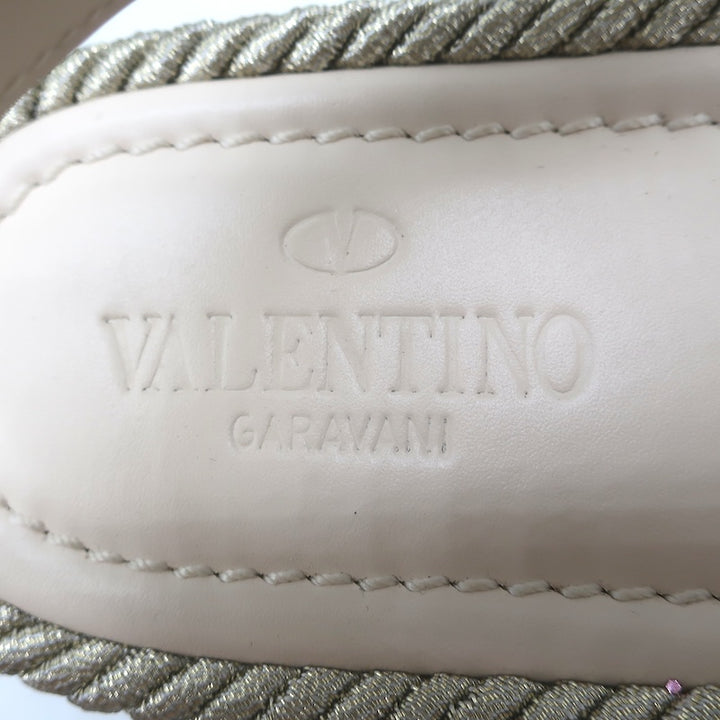 Valentino Rockstud Torchon Rope Platform Wedge Sandals Beige/Silver Size 37