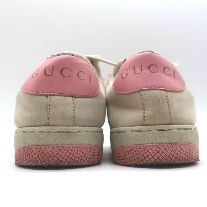 Gucci GG Crystal Screener Sneakers Ecru &amp; Pink Leather Size 37