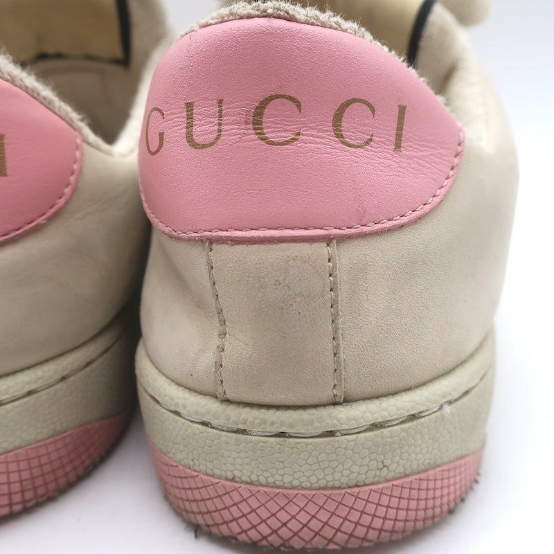 Gucci GG Crystal Screener Sneakers Ecru &amp; Pink Leather Size 37