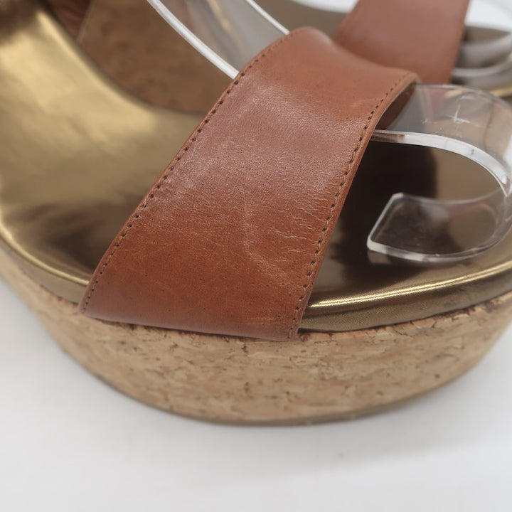 Jimmy Choo Portia Crisscross Cork Platform Wedge Sandals Brown Leather Size 37.5