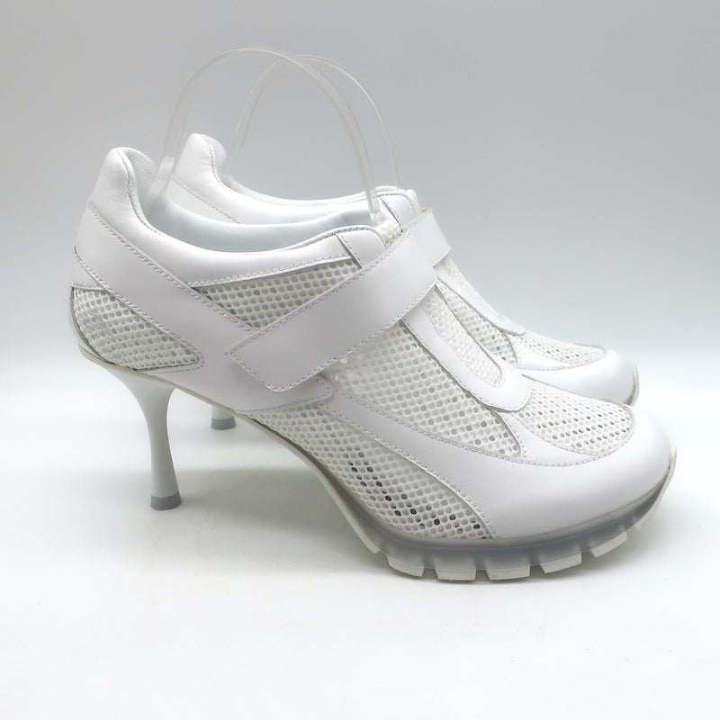 Sneex The Tepper High Heel Single Strap Sneakers White Mesh &amp; Leather Size 9