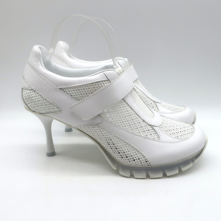 Sneex The Tepper High Heel Single Strap Sneakers White Mesh &amp; Leather Size 9