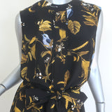 Erdem Cecilia Bird Print Belted Ruffled Midi Dress Black Silk Size US 10