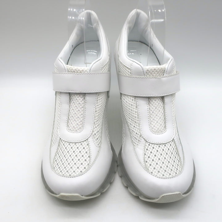 Sneex The Tepper High Heel Single Strap Sneakers White Mesh &amp; Leather Size 9