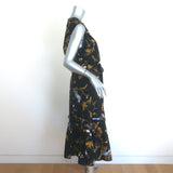 Erdem Cecilia Bird Print Belted Ruffled Midi Dress Black Silk Size US 10