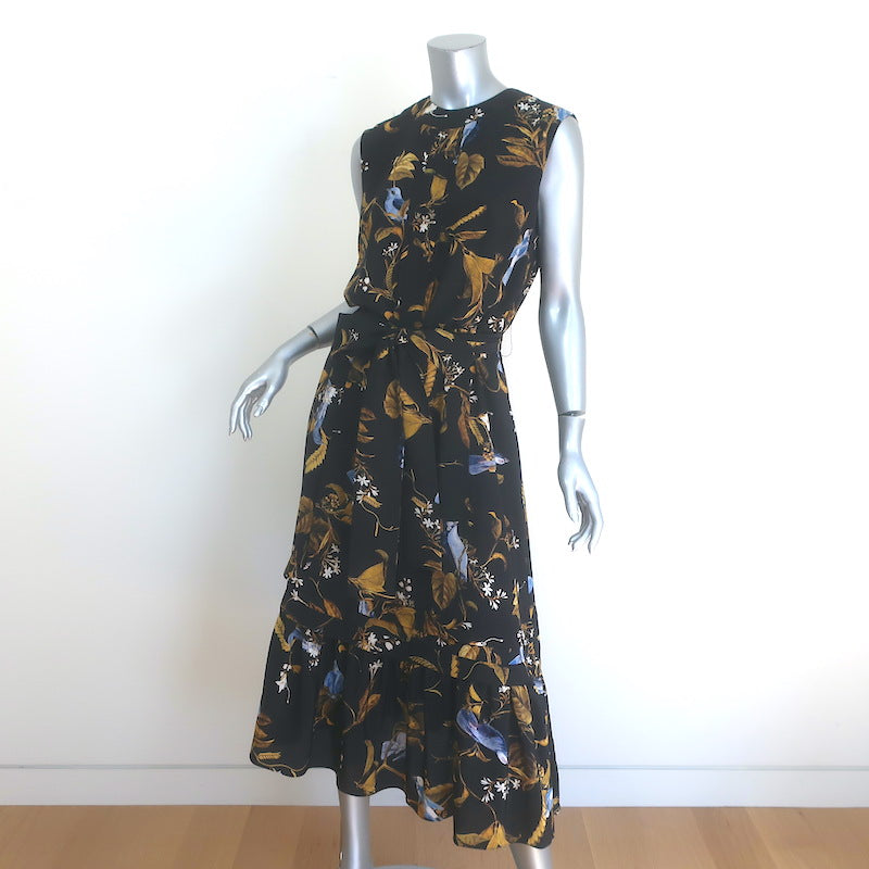 Erdem Cecilia Bird Print Belted Ruffled Midi Dress Black Silk Size US 10