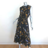 Erdem Cecilia Bird Print Belted Ruffled Midi Dress Black Silk Size US 10
