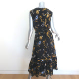 Erdem Cecilia Bird Print Belted Ruffled Midi Dress Black Silk Size US 10