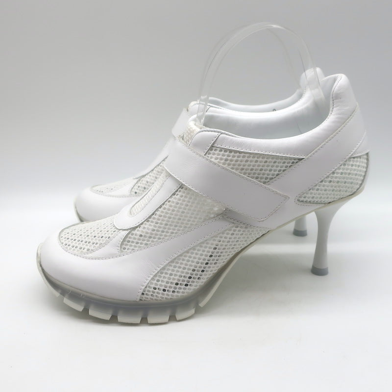 Sneex The Tepper High Heel Single Strap Sneakers White Mesh &amp; Leather Size 9