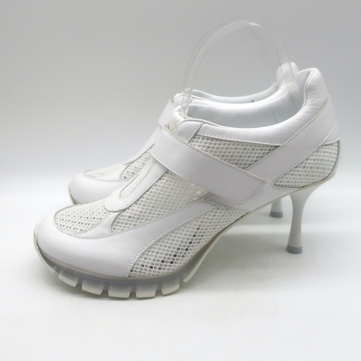 Sneex The Tepper High Heel Single Strap Sneakers White Mesh &amp; Leather Size 9