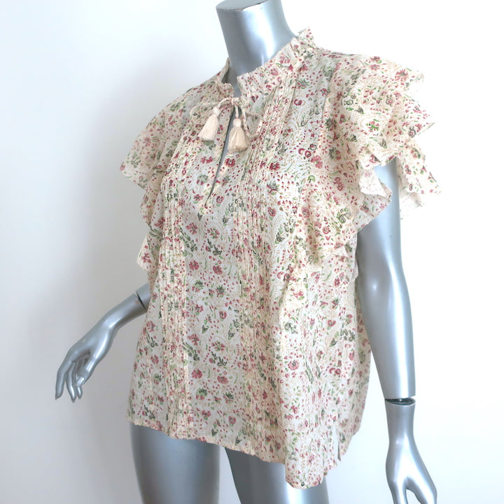 Cleobella Top Katy Cream Floral Print Cotton Size Large Flutter Sleeve Blouse
