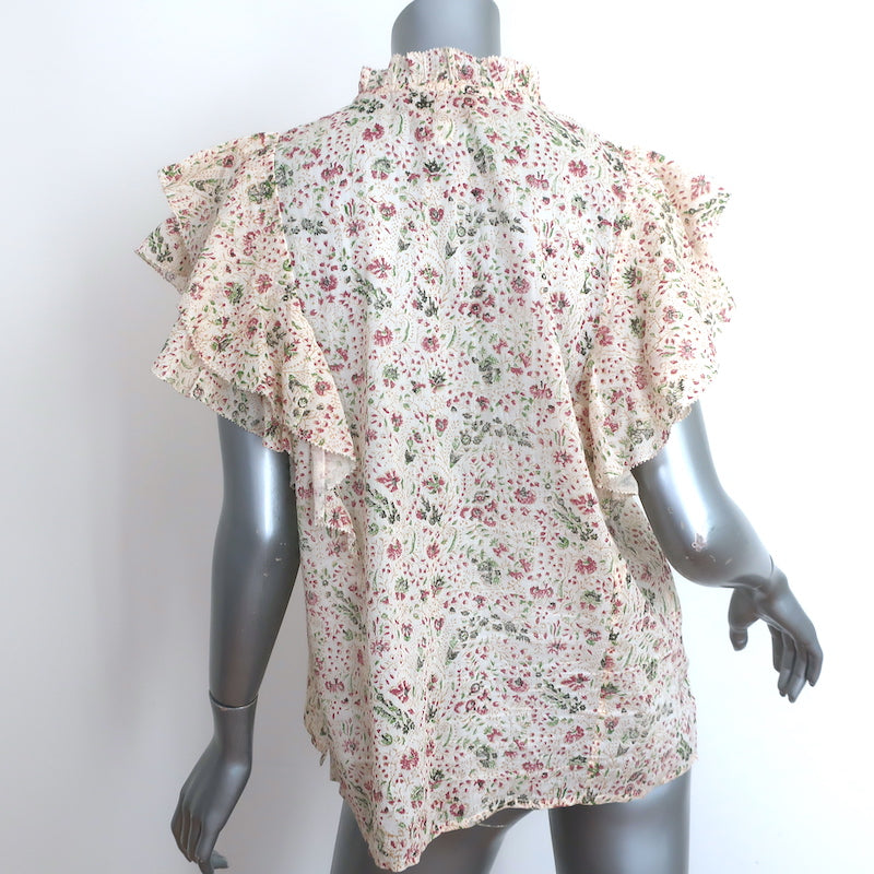 Cleobella Top Katy Cream Floral Print Cotton Size Large Flutter Sleeve Blouse