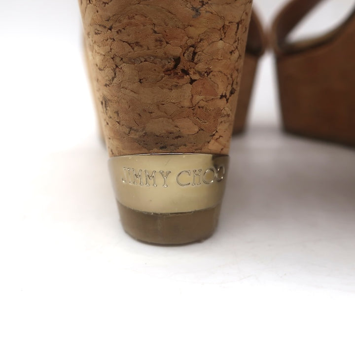 Jimmy Choo Portia Crisscross Cork Platform Wedge Sandals Brown Leather Size 37.5