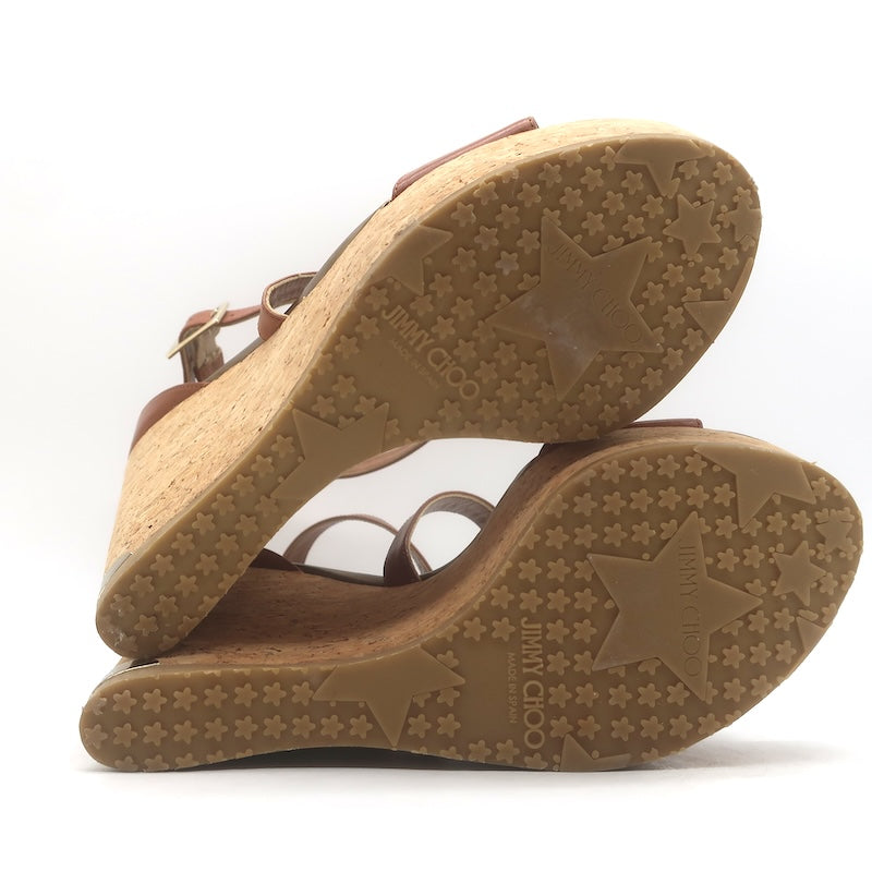 Jimmy Choo Portia Crisscross Cork Platform Wedge Sandals Brown Leather Size 37.5