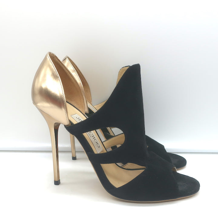 Jimmy Choo Tarine Cutout Sandals Black Suede &amp; Gold Metallic Leather Size 37.5
