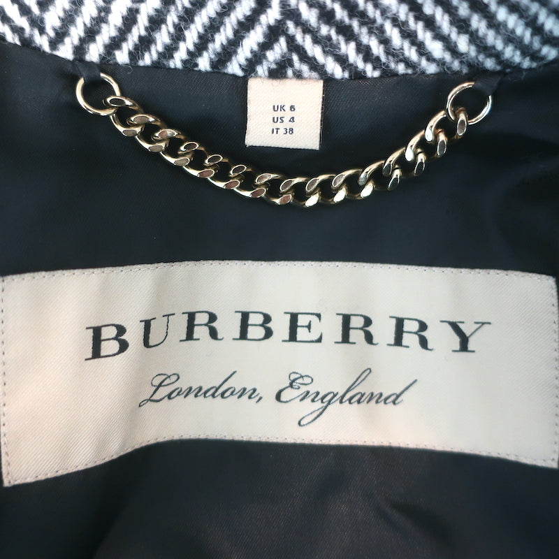 Burberry Donegal Herringbone Tweed Double Breasted Coat Black/White Size US 4