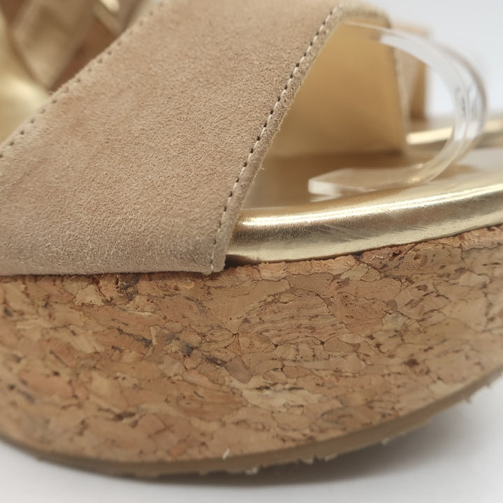 Jimmy Choo Portia Crisscross Cork Platform Wedge Sandals Beige Suede Size 37.5