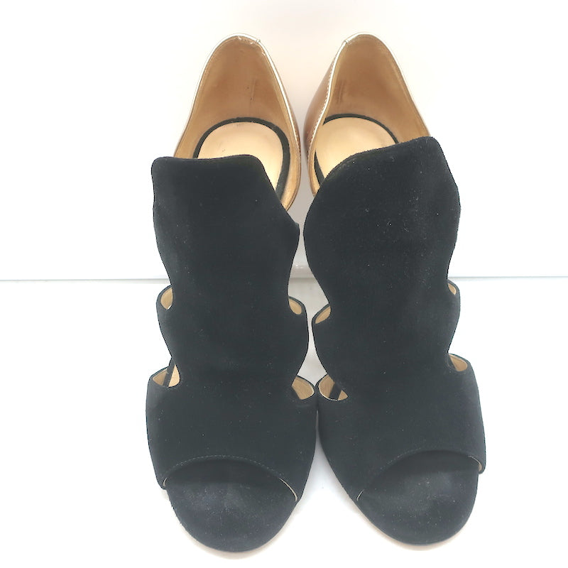 Jimmy Choo Tarine Cutout Sandals Black Suede &amp; Gold Metallic Leather Size 37.5