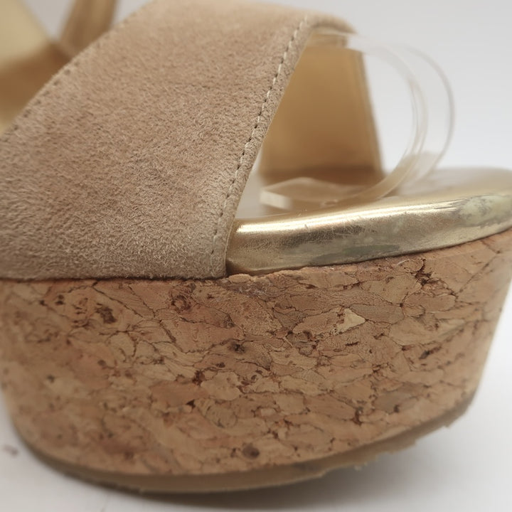 Jimmy Choo Portia Crisscross Cork Platform Wedge Sandals Beige Suede Size 37.5