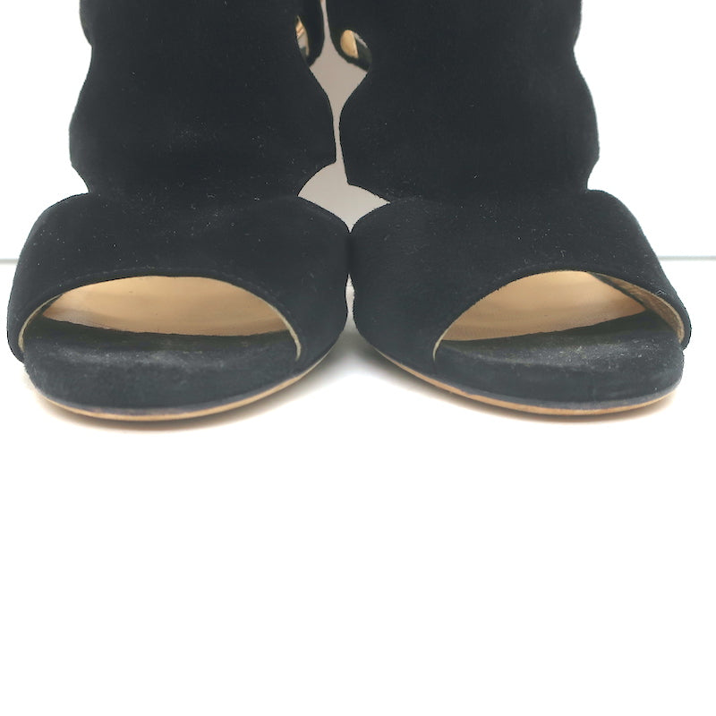 Jimmy Choo Tarine Cutout Sandals Black Suede &amp; Gold Metallic Leather Size 37.5