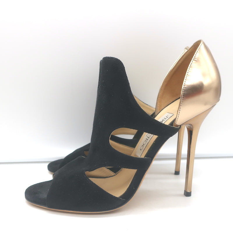 Jimmy Choo Tarine Cutout Sandals Black Suede &amp; Gold Metallic Leather Size 37.5