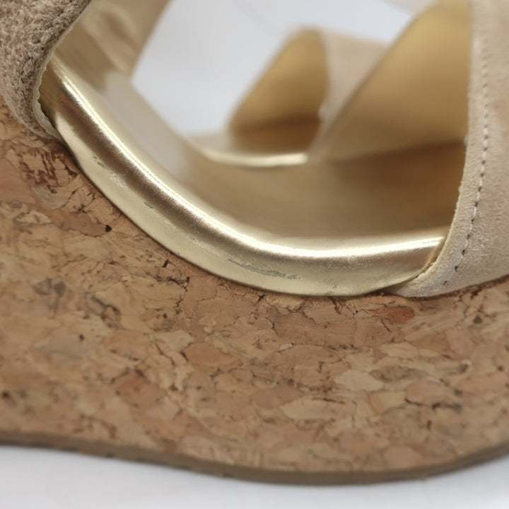 Jimmy Choo Portia Crisscross Cork Platform Wedge Sandals Beige Suede Size 37.5