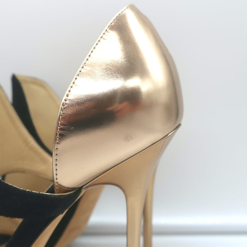 Jimmy Choo Tarine Cutout Sandals Black Suede &amp; Gold Metallic Leather Size 37.5