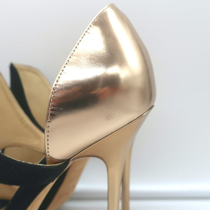 Jimmy Choo Tarine Cutout Sandals Black Suede &amp; Gold Metallic Leather Size 37.5