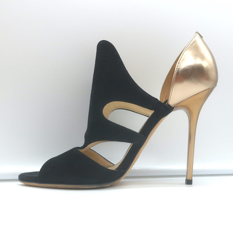 Jimmy Choo Tarine Cutout Sandals Black Suede &amp; Gold Metallic Leather Size 37.5