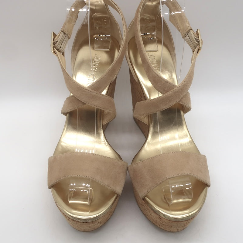 Jimmy Choo Portia Crisscross Cork Platform Wedge Sandals Beige Suede Size 37.5
