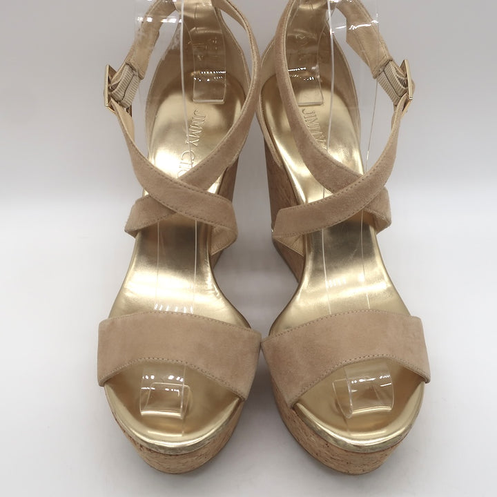 Jimmy Choo Portia Crisscross Cork Platform Wedge Sandals Beige Suede Size 37.5