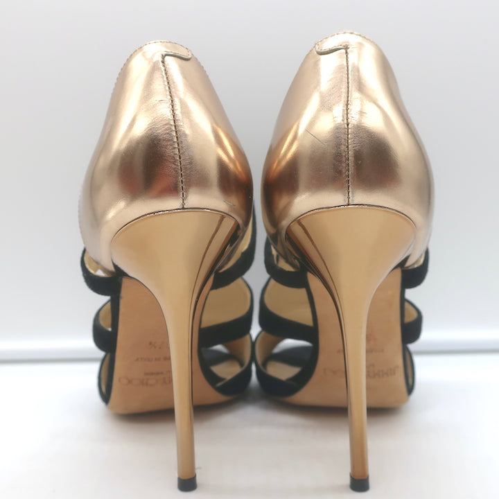 Jimmy Choo Tarine Cutout Sandals Black Suede &amp; Gold Metallic Leather Size 37.5
