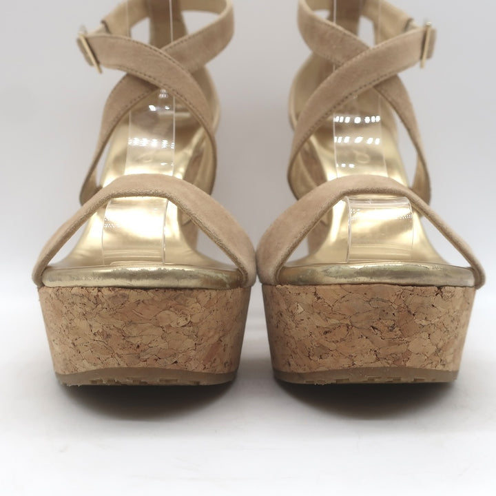 Jimmy Choo Portia Crisscross Cork Platform Wedge Sandals Beige Suede Size 37.5