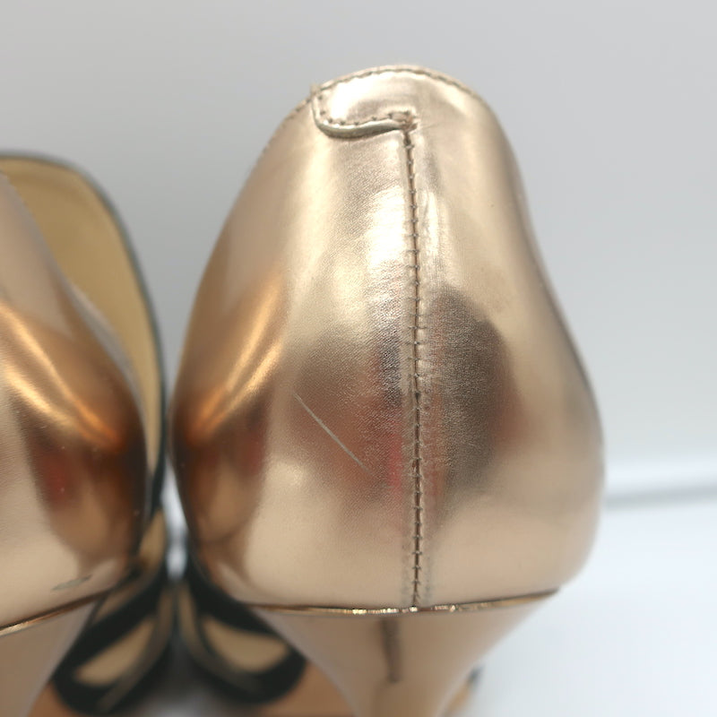 Jimmy Choo Tarine Cutout Sandals Black Suede &amp; Gold Metallic Leather Size 37.5