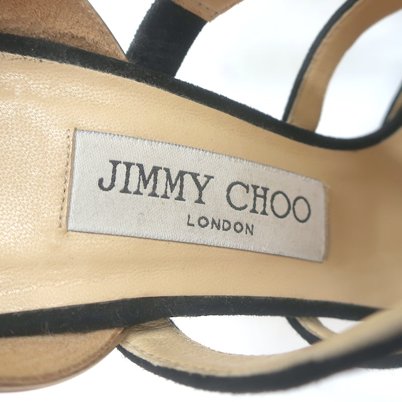 Jimmy Choo Tarine Cutout Sandals Black Suede &amp; Gold Metallic Leather Size 37.5