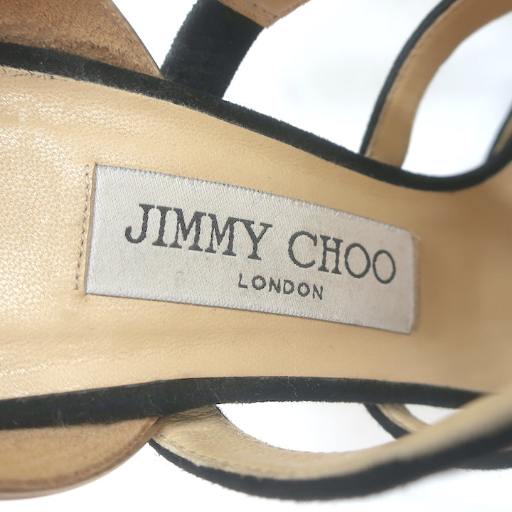Jimmy Choo Tarine Cutout Sandals Black Suede &amp; Gold Metallic Leather Size 37.5