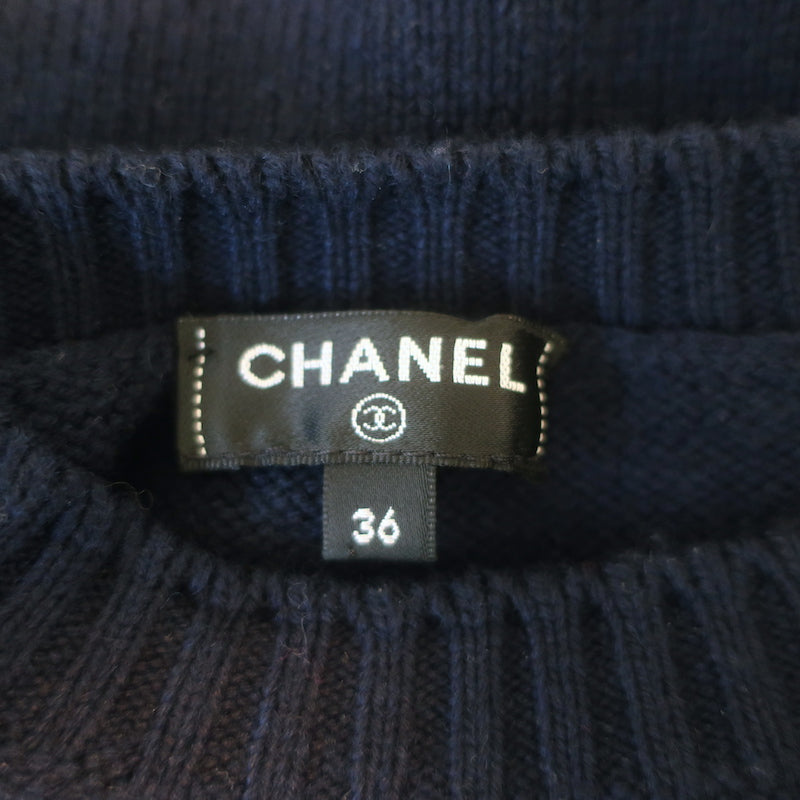 Chanel Pearl Pin-Embellished Cashmere Sweater Navy Size 36 Short Sleeve Top