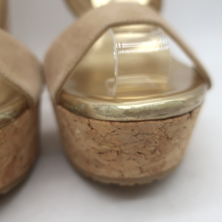 Jimmy Choo Portia Crisscross Cork Platform Wedge Sandals Beige Suede Size 37.5