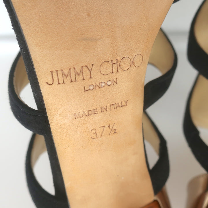 Jimmy Choo Tarine Cutout Sandals Black Suede &amp; Gold Metallic Leather Size 37.5
