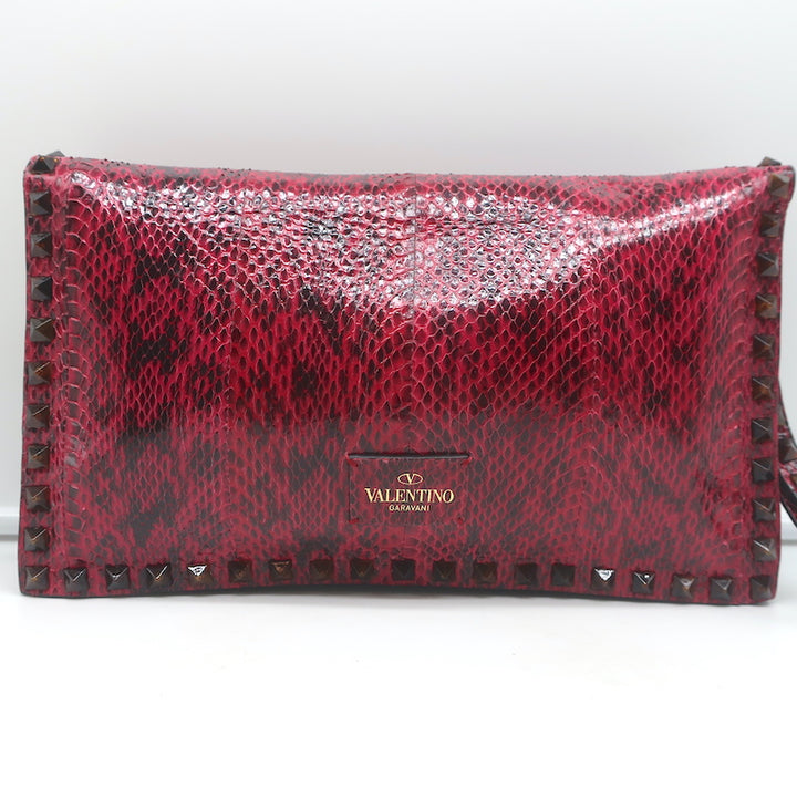 Valentino Rockstud Wristlet Clutch Bag Red Snakeskin