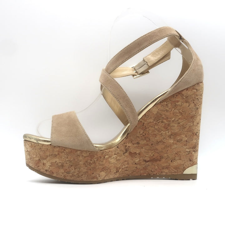 Jimmy Choo Portia Crisscross Cork Platform Wedge Sandals Beige Suede Size 37.5