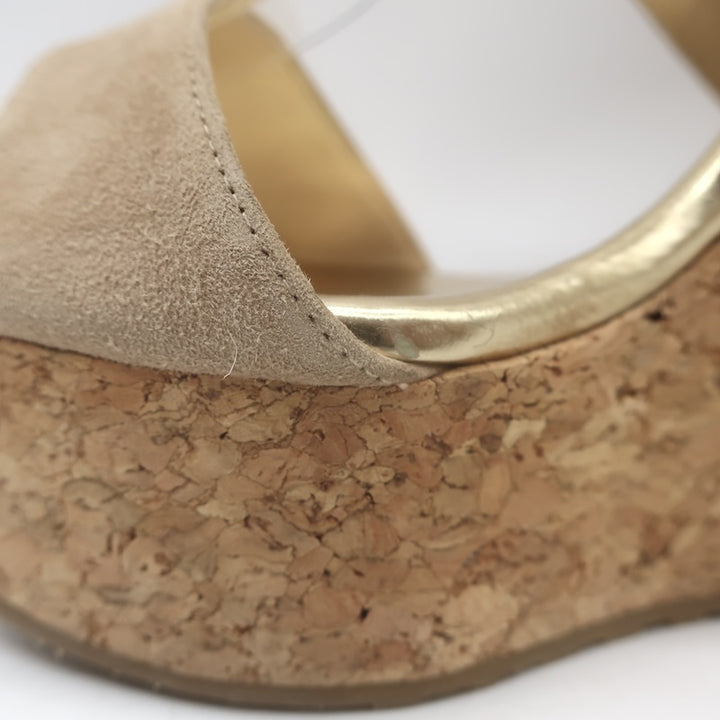 Jimmy Choo Portia Crisscross Cork Platform Wedge Sandals Beige Suede Size 37.5