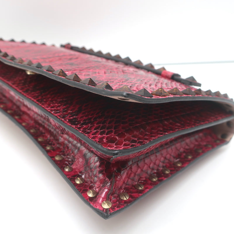 Valentino Rockstud Wristlet Clutch Bag Red Snakeskin