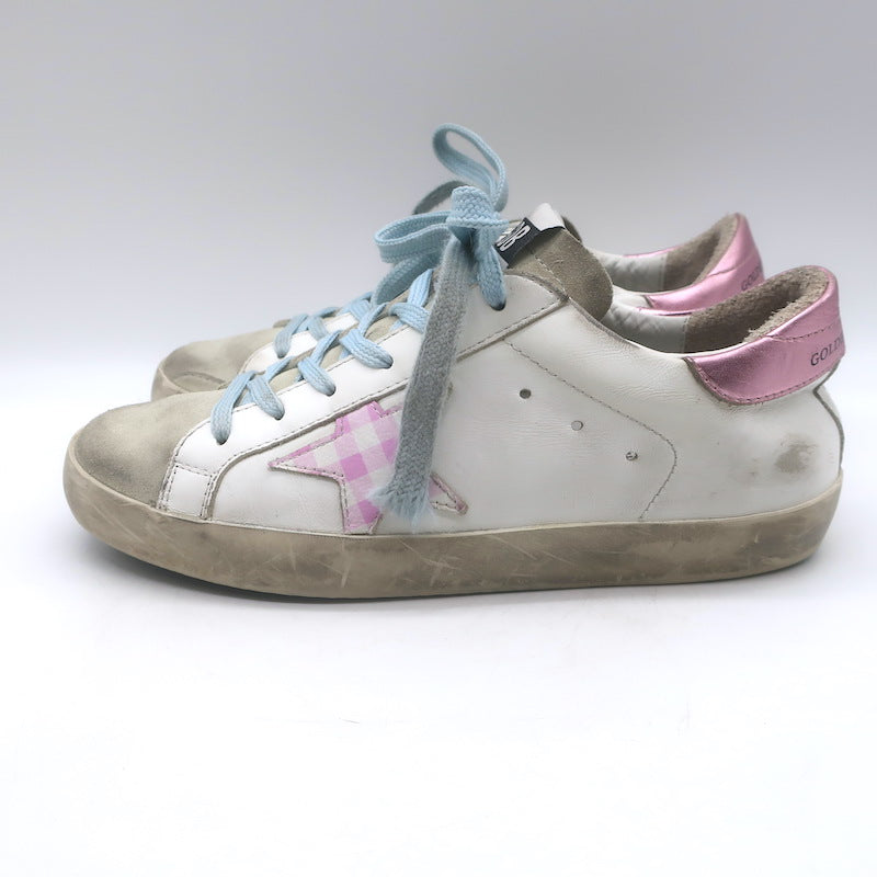 Golden Goose Superstar Gingham Star Sneakers White/Pink Metallic Leather Size 36
