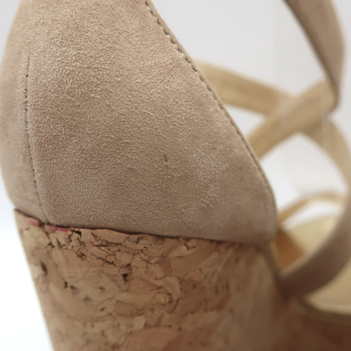 Jimmy Choo Portia Crisscross Cork Platform Wedge Sandals Beige Suede Size 37.5