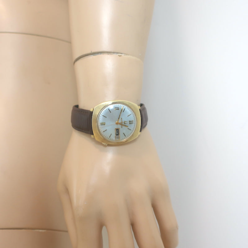 Vintage 1950s Bulova Accutron Day Date 14k Gold Watch with Brown Leather Band