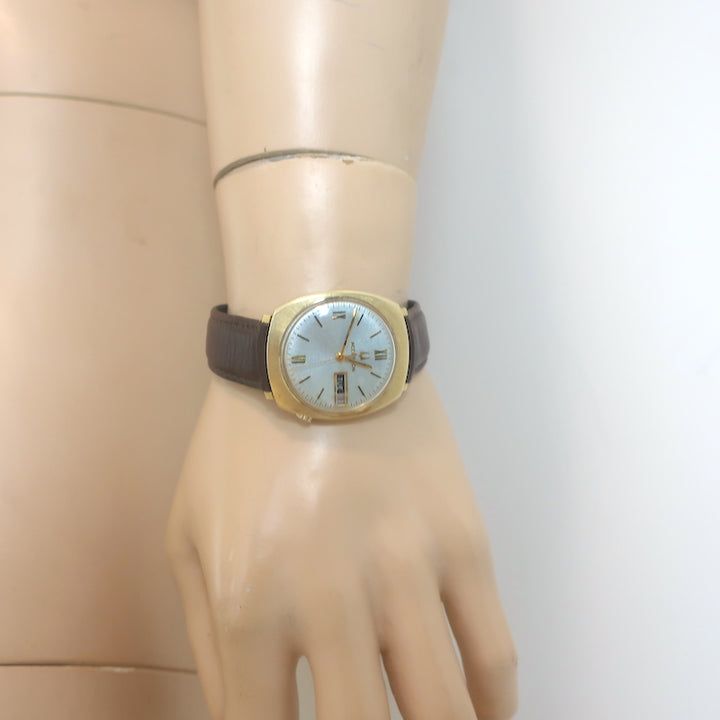 Vintage 1950s Bulova Accutron Day Date 14k Gold Watch with Brown Leather Band